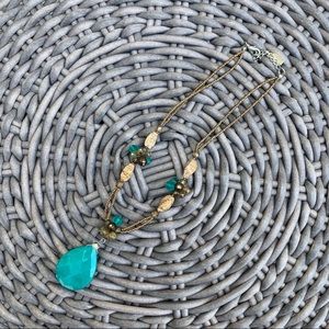 Teal & Gold Beaded Pendant Necklace